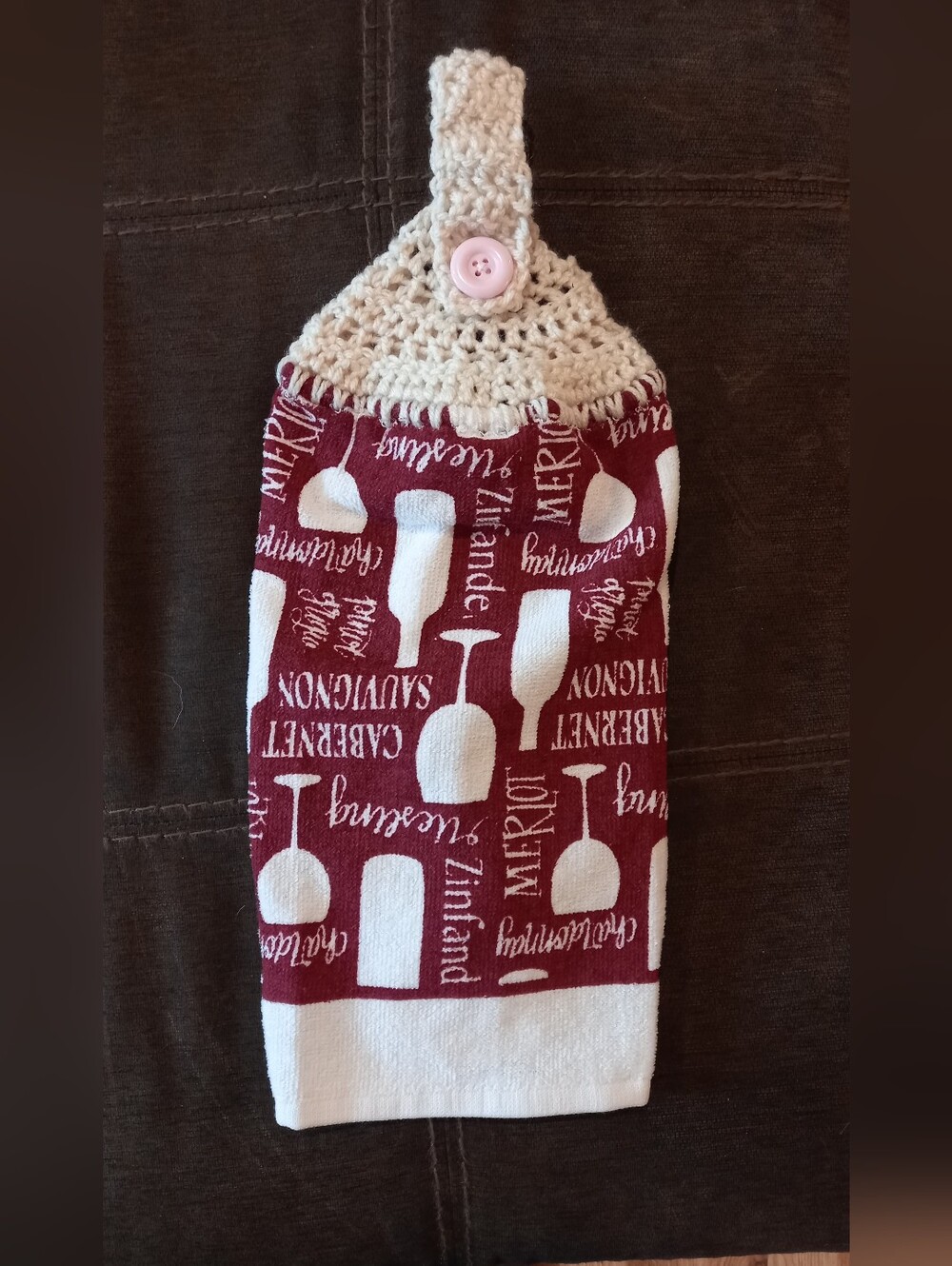 Burgandy Wine Towel Crocheted Hanger Handmade